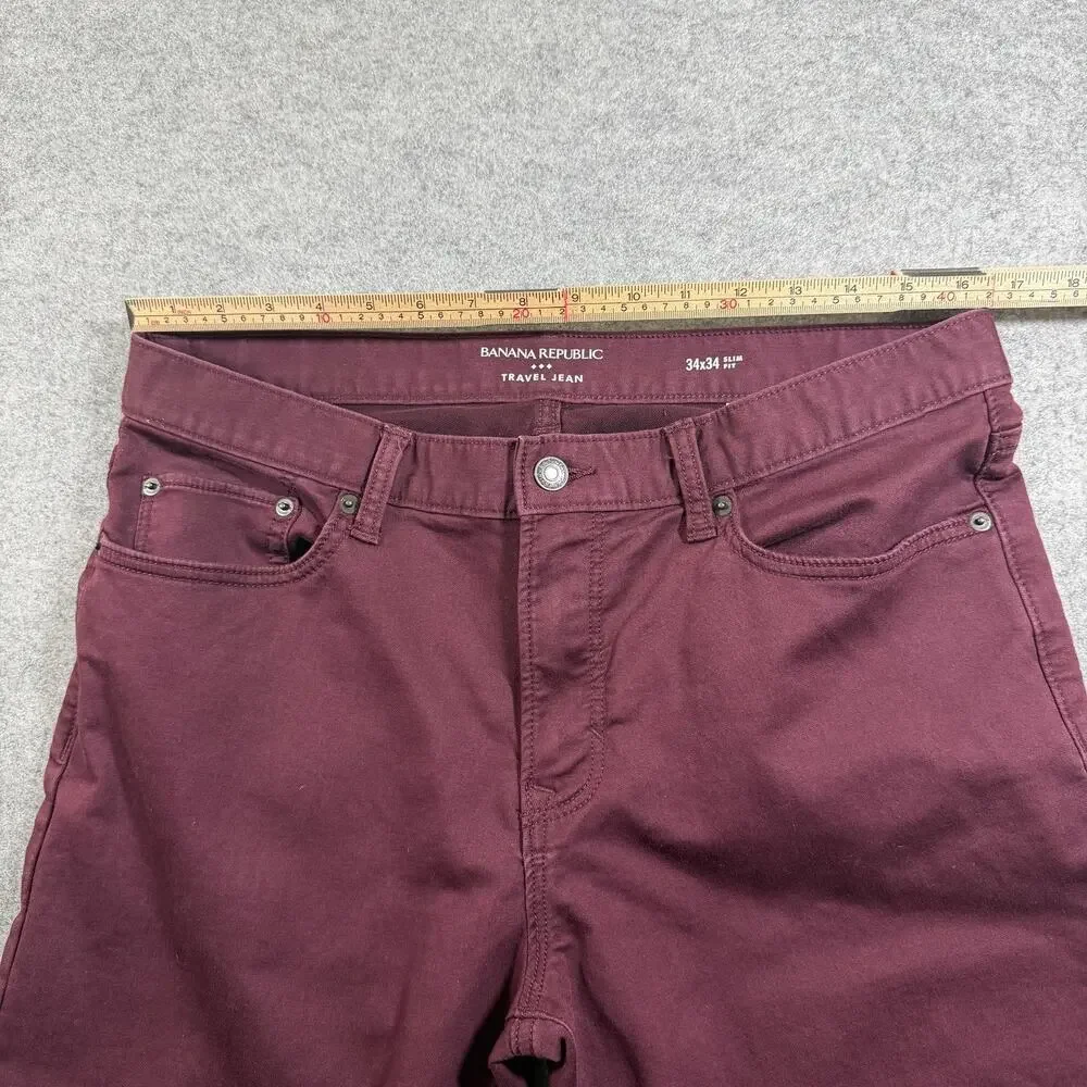 Banana Republic Travel Jeans Mens 34x34 Wine Burgundy Slim Stretch Denim Pants